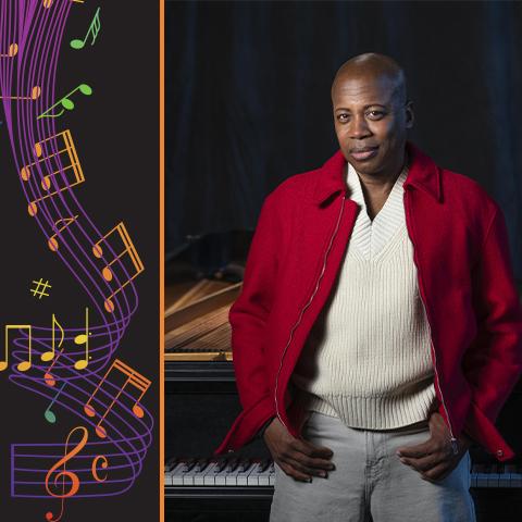 Terrence William poses in front of a piano 